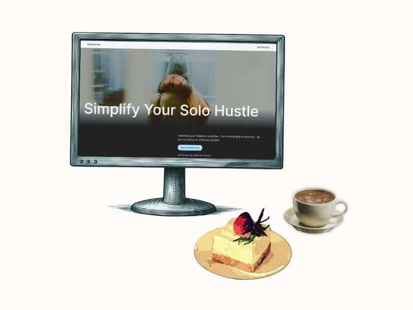 Pen drawing on of computer screen showing screenshot of a the header of a Plexonium template. Text: Simplify your solo hustle. Next to it a piece of cake and coffee cup.